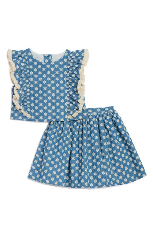Pippa & Julie Kids' Sunny Embroidered Lace Trim Denim Top & Skirt Set In Blue Denim