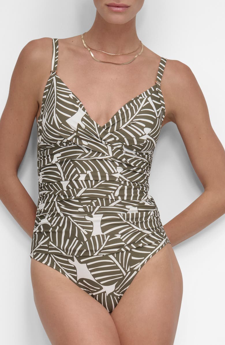 DKNY Surplice V-Neck One-Piece Swimsuit, Main, color, Jungle Palm