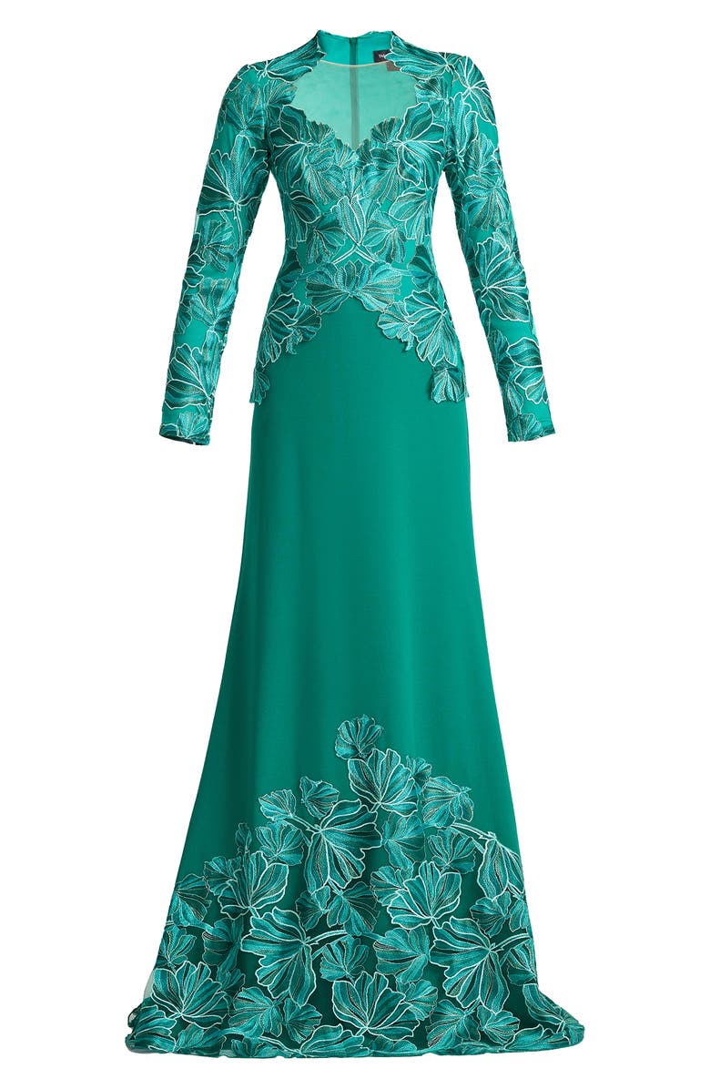 Tadashi Shoji Embroidered Detail Long Sleeve Gown, Alternate, color, Emerald