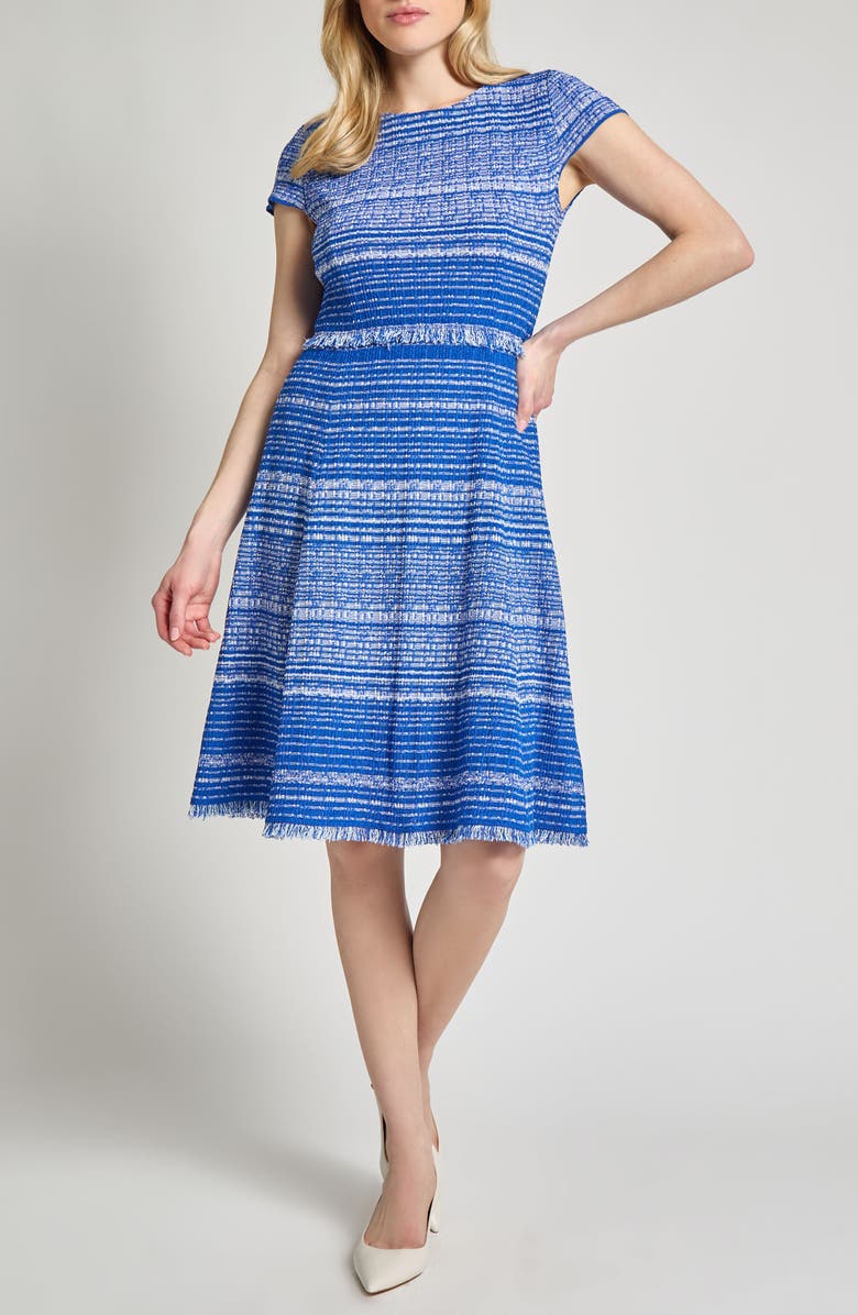 Misook Modern Fit Mélange Fit & Flare Tweed Knit Dress, Main, color, Aegean Blue/ Aquatic/ White