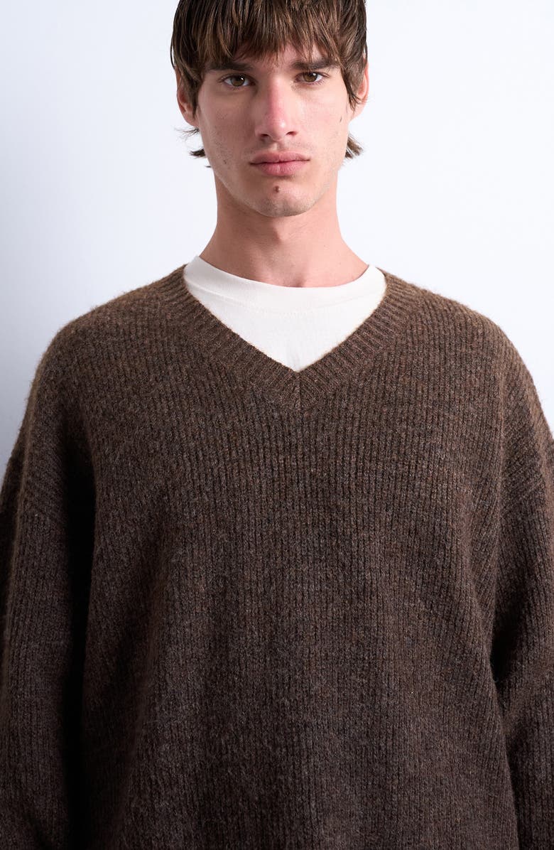 Topman Oversize V-Neck Rib Sweater, Alternate, color, Brown