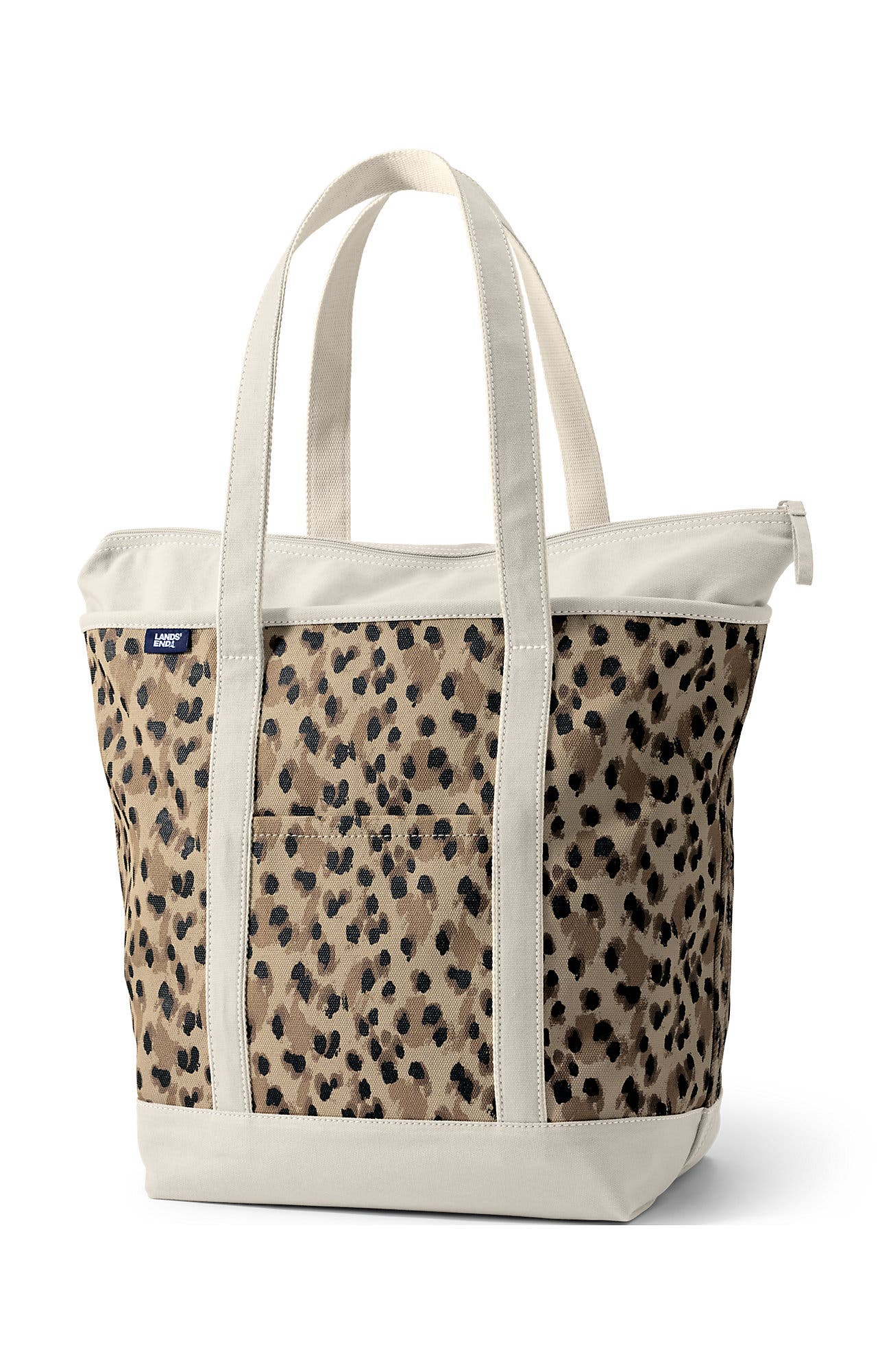 Zip Top Long Handle Canvas Tote Bag, Main, color, Warm Almond Animal Spots