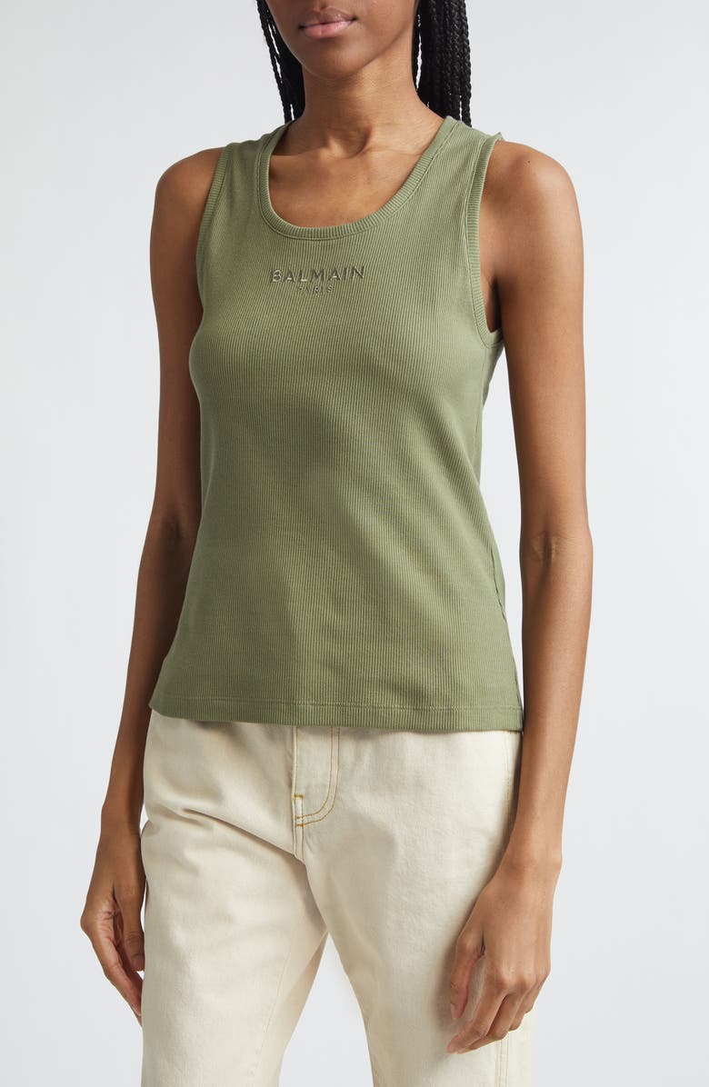 Balmain Paris Logo Embroidered Cotton Jersey Tank, Alternate, color, Uiy Green/ Multi