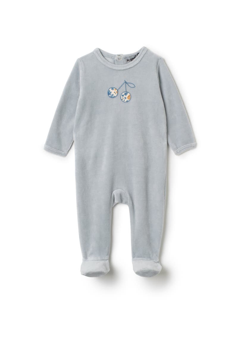 Boy Cherry Embroidered Wrap Romper, Main, color, Blue Mist