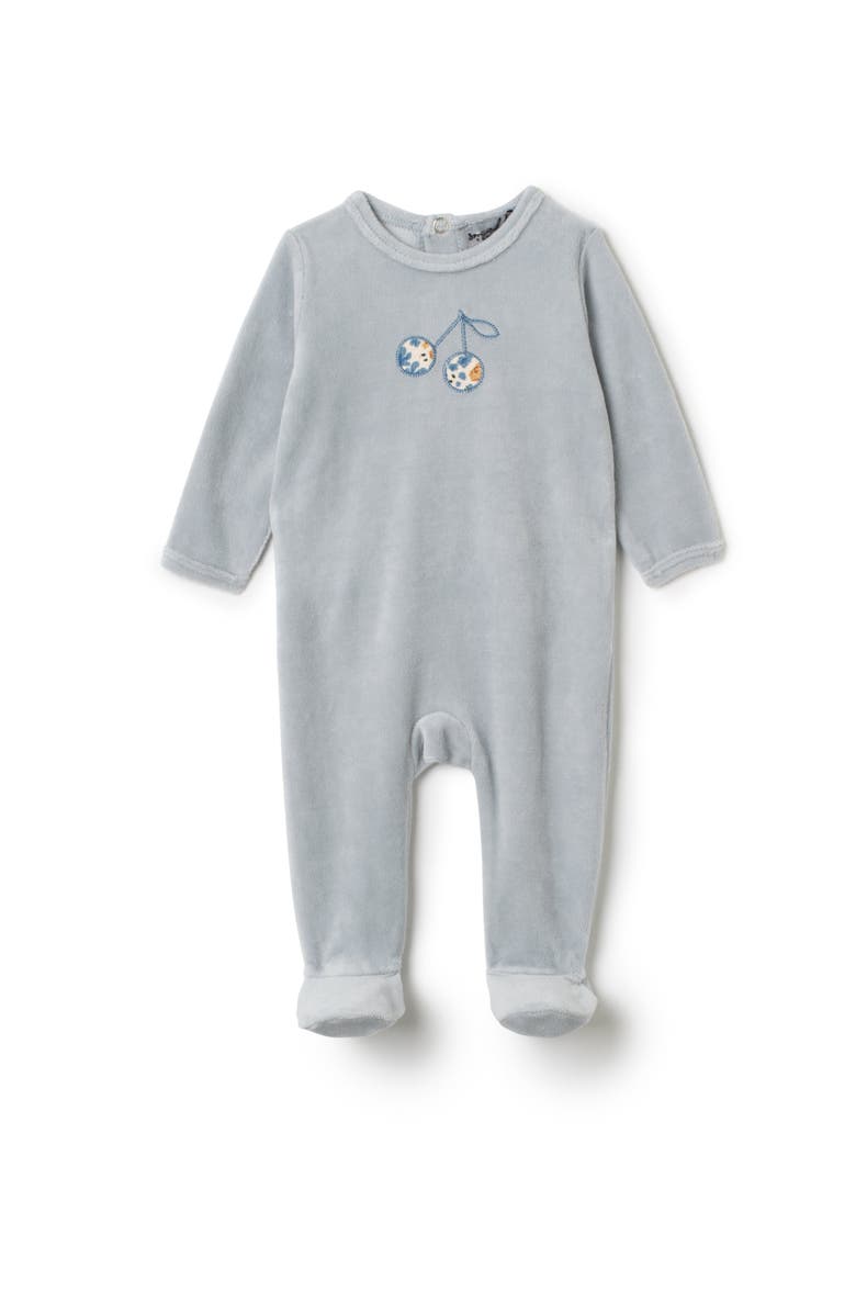 Small Moments Boy Cherry Embroidered Wrap Romper, Main, color, Blue Mist