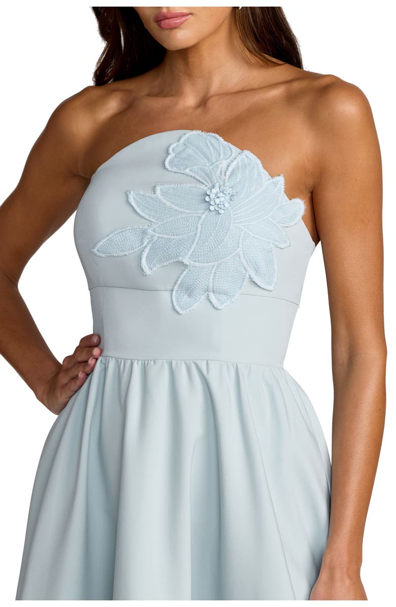 Mac Duggal Lace Strapless A Line Midi Dress With 3D Flowers, Alternate, color, Powder Blue
