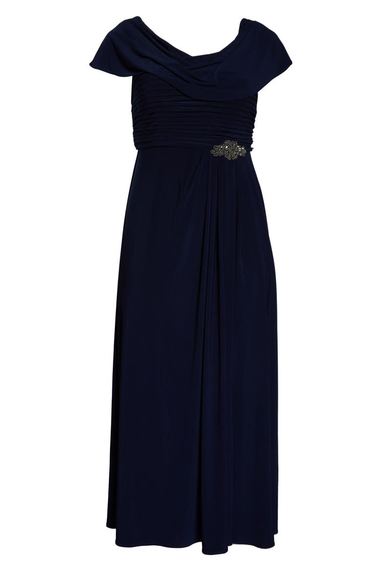 Cowl Neck Beaded Waist Gown, Alternate, color, NAVY