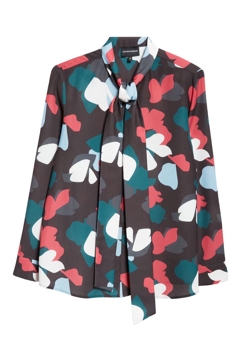 Floral Tie Neck Crepe Shirt, Alternate, color, BLACK MULTI