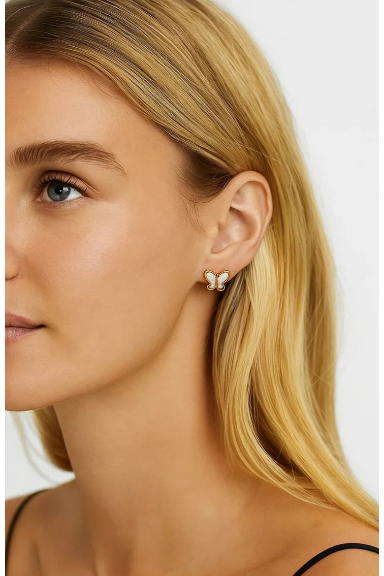 Butterfly Stud Earrings Featuring Mother of Pearl Inlay, Alternate, color, Gold