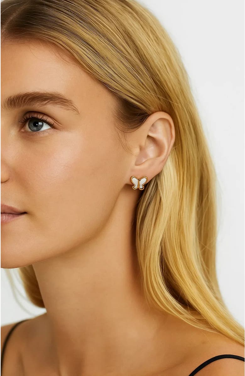 Hollywood Sensation Butterfly Stud Earrings Featuring Mother of Pearl Inlay, Alternate, color, Gold