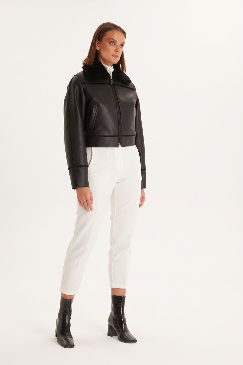 Clara Cropped Leather Shearling Jacket, Alternate, color, Black