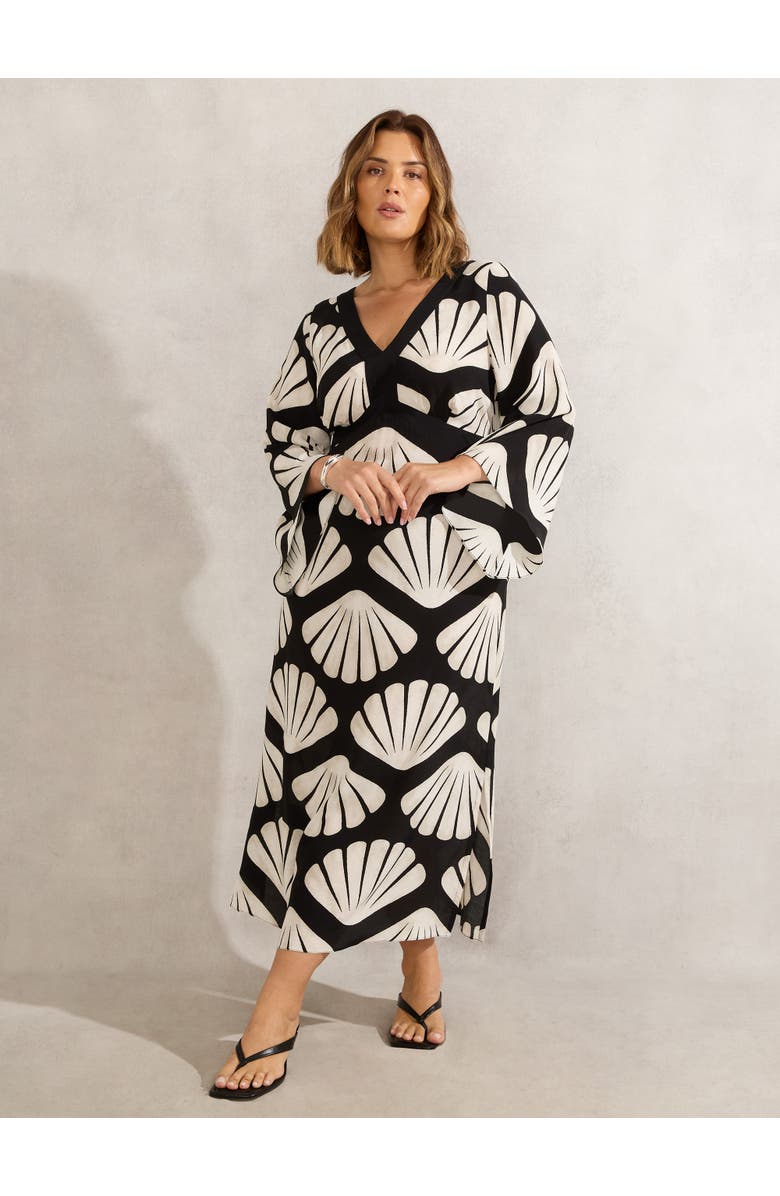 Live Unlimited Shell Print Flared Sleeve V-Neck Dress, Main, color, Black