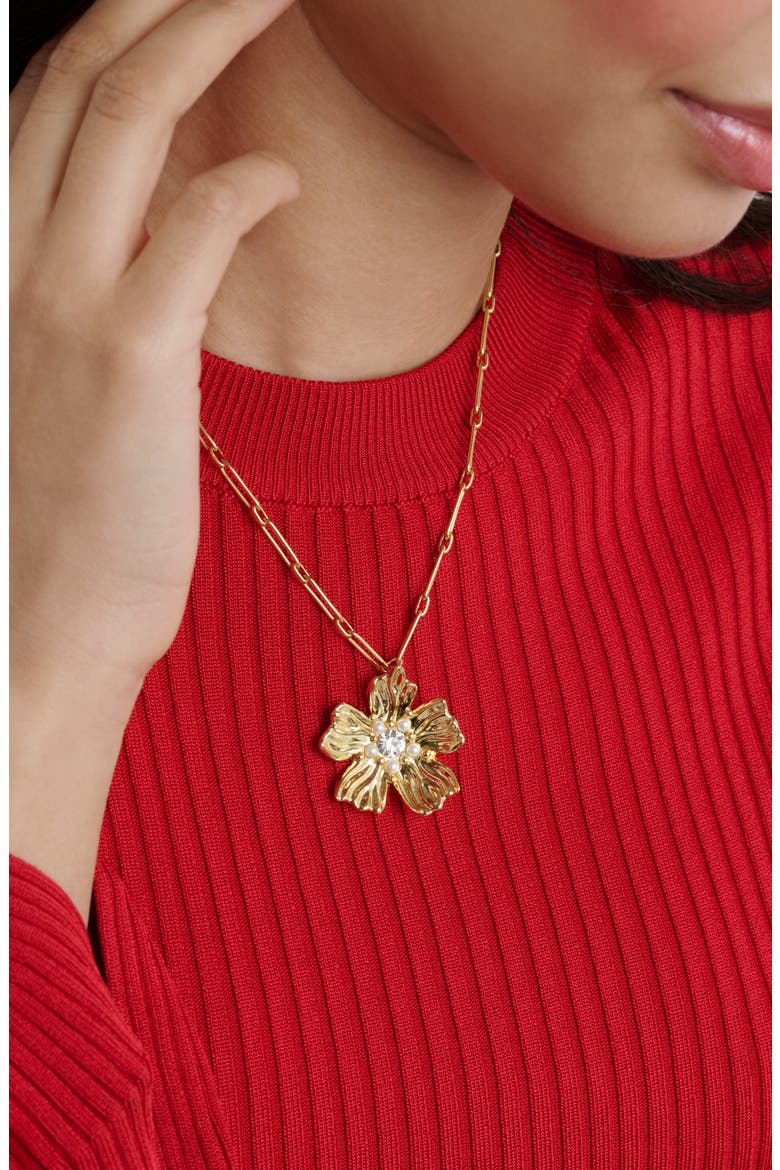 Petrice Flower Pendant Necklace, Alternate, color, GOLD TONE / PEARL / CLEAR