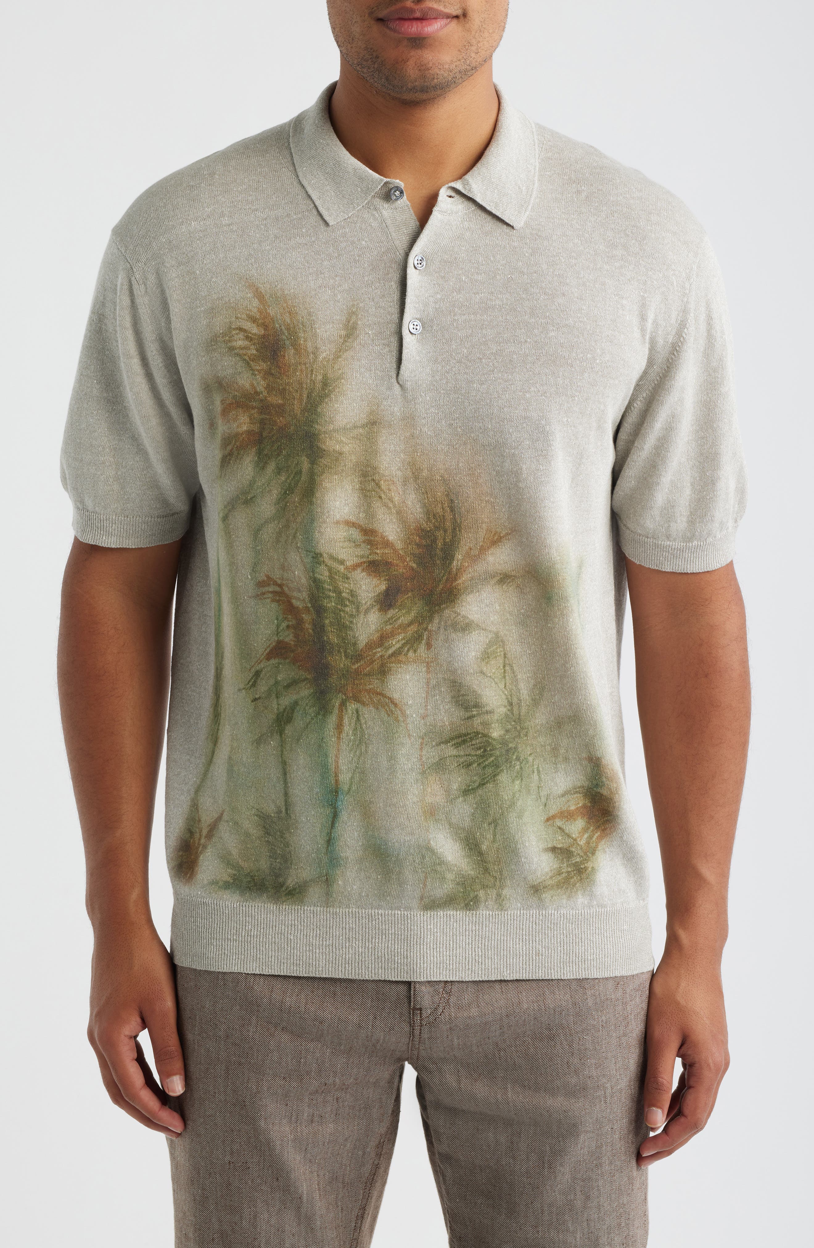 Palm Tree Graphic Linen & Cotton Polo Sweater