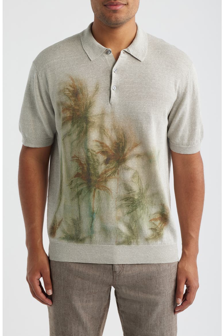 Palm Tree Graphic Linen & Cotton Polo Sweater, Main, color, LIMESTONE