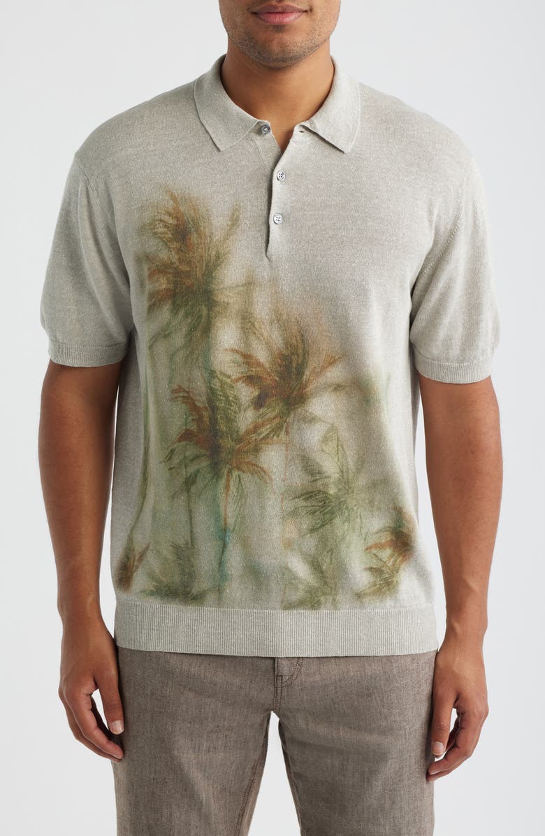 Bugatchi Palm Tree Graphic Linen & Cotton Polo Sweater, Main, color, Limestone