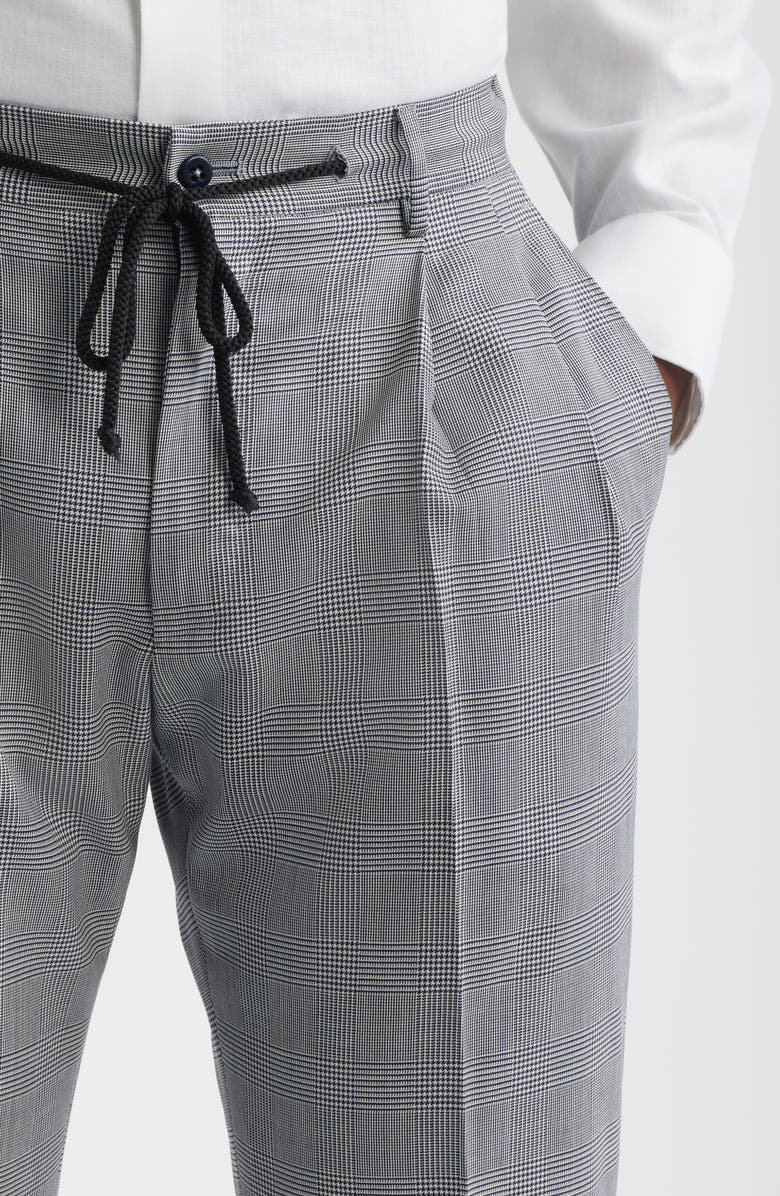 Zanella Nova Grey Glen Check Pleated Wool & Cotton Drawstring Dress Pants, Alternate, color, Navy