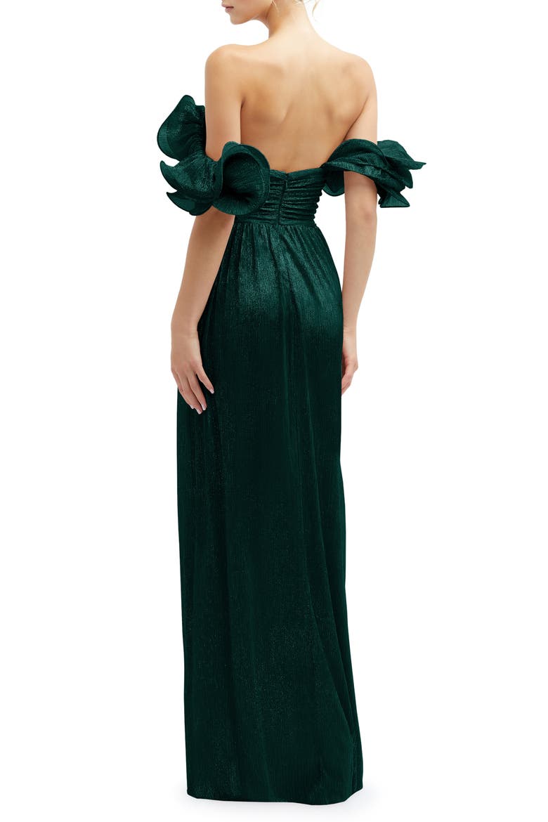Ruffle Off the Shoulder Metallic Column Gown, Alternate, color, EVERGREEN METALLIC
