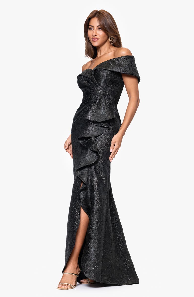 Xscape Evenings Ruffle Off the Shoulder Brocade Gown, Alternate, color, Black