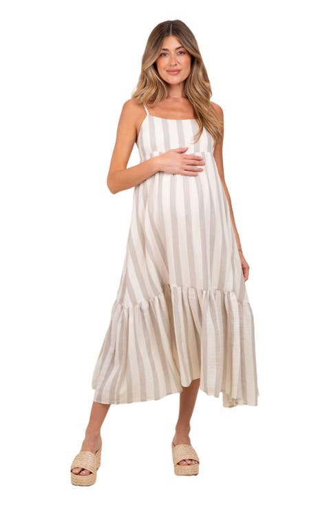 Wide Stripe Linen Blend Sleeveless Maxi Dress