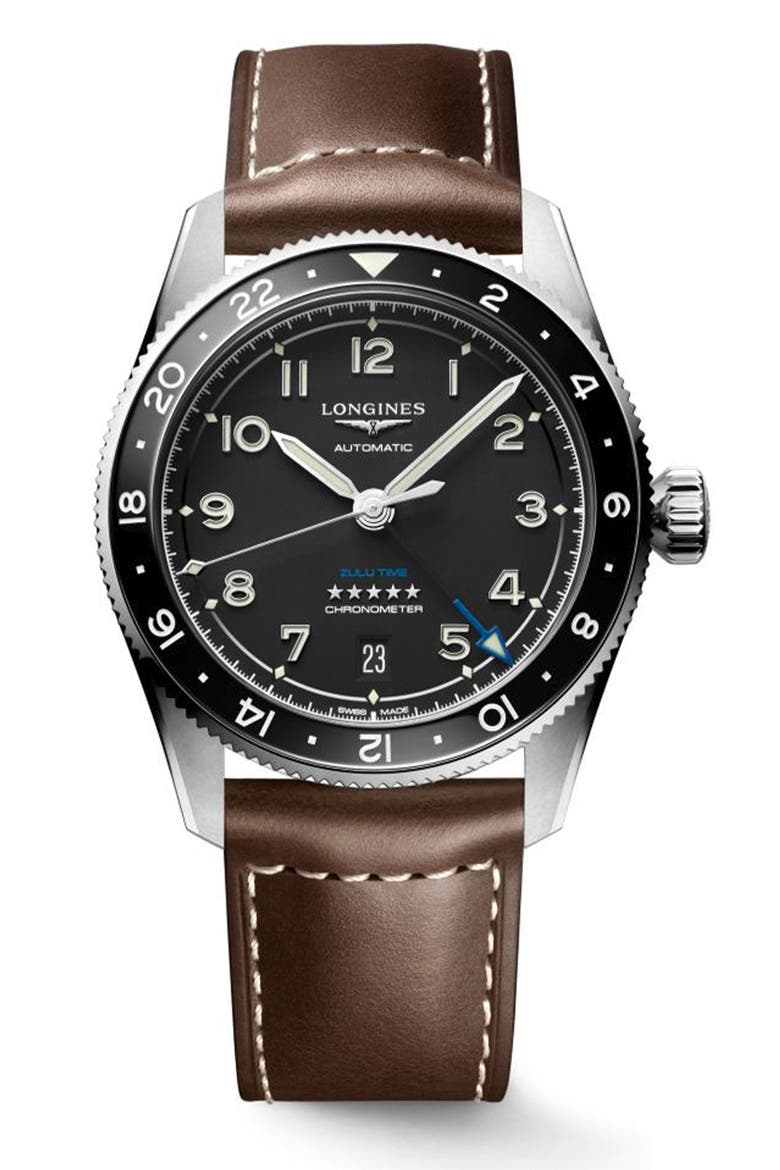 Spirit Zulu Time GMT Automatic Leather Strap Watch, 39mm, Main, color, BLACK