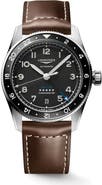 Longines Spirit Zulu Time GMT Automatic Leather Strap Watch, 39mm