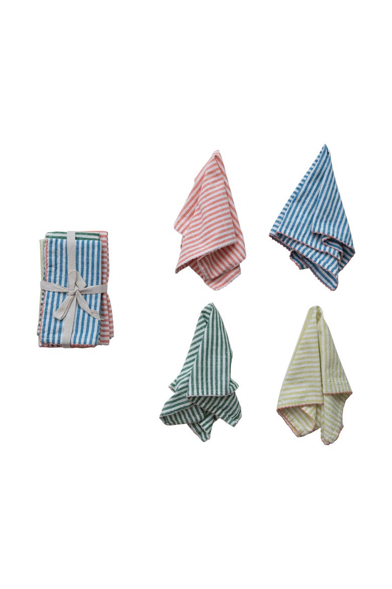 4-Piece Woven Cotton Striped Napkins with Stitched Colored Trim, Multi Color, Main, color, Blue