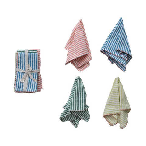 4-Piece Woven Cotton Striped Napkins with Stitched Colored Trim, Multi Color