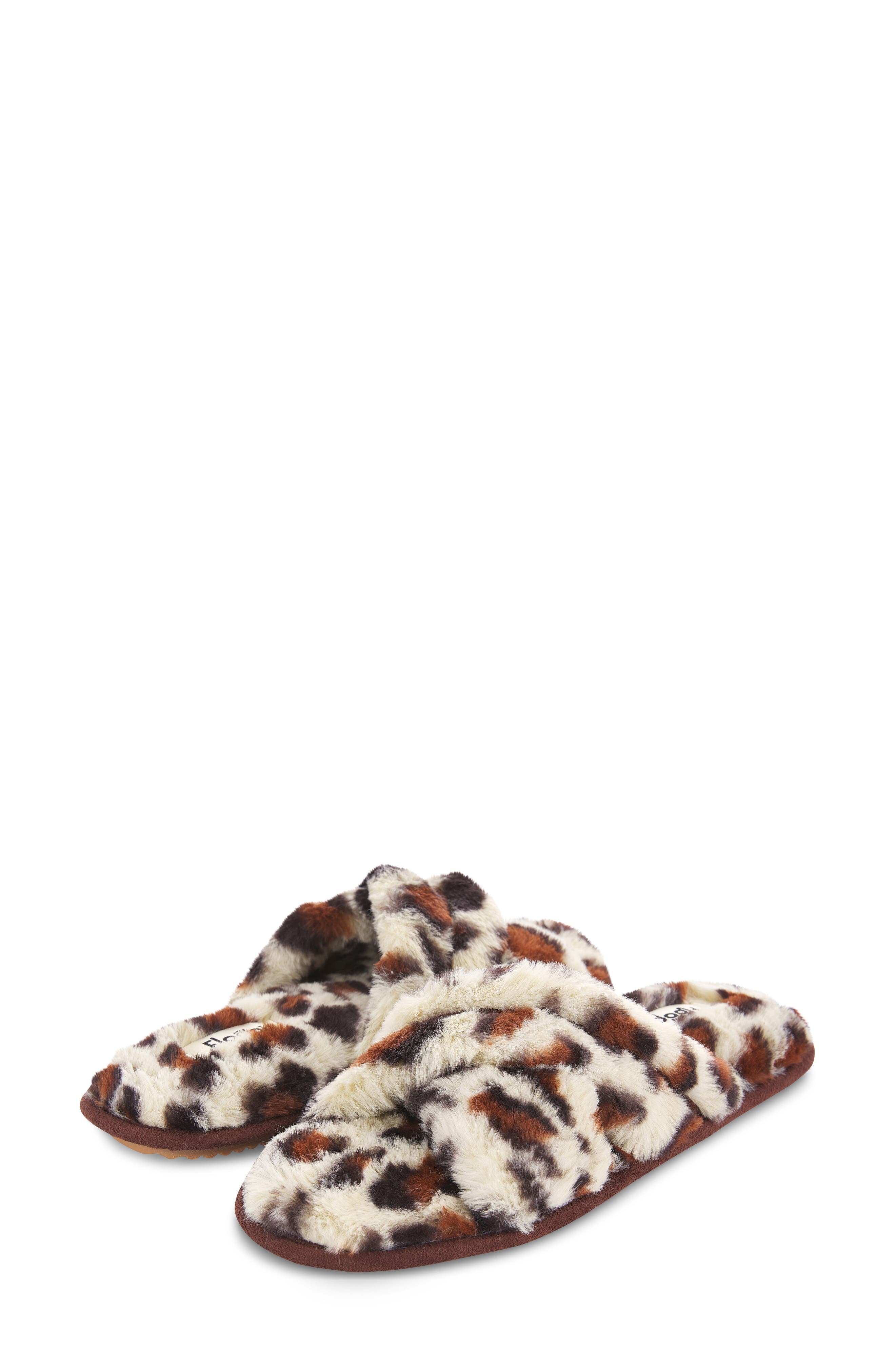 FLOOPI Morgan Faux Fur Crossband Slipper, Alternate, color, Leopard