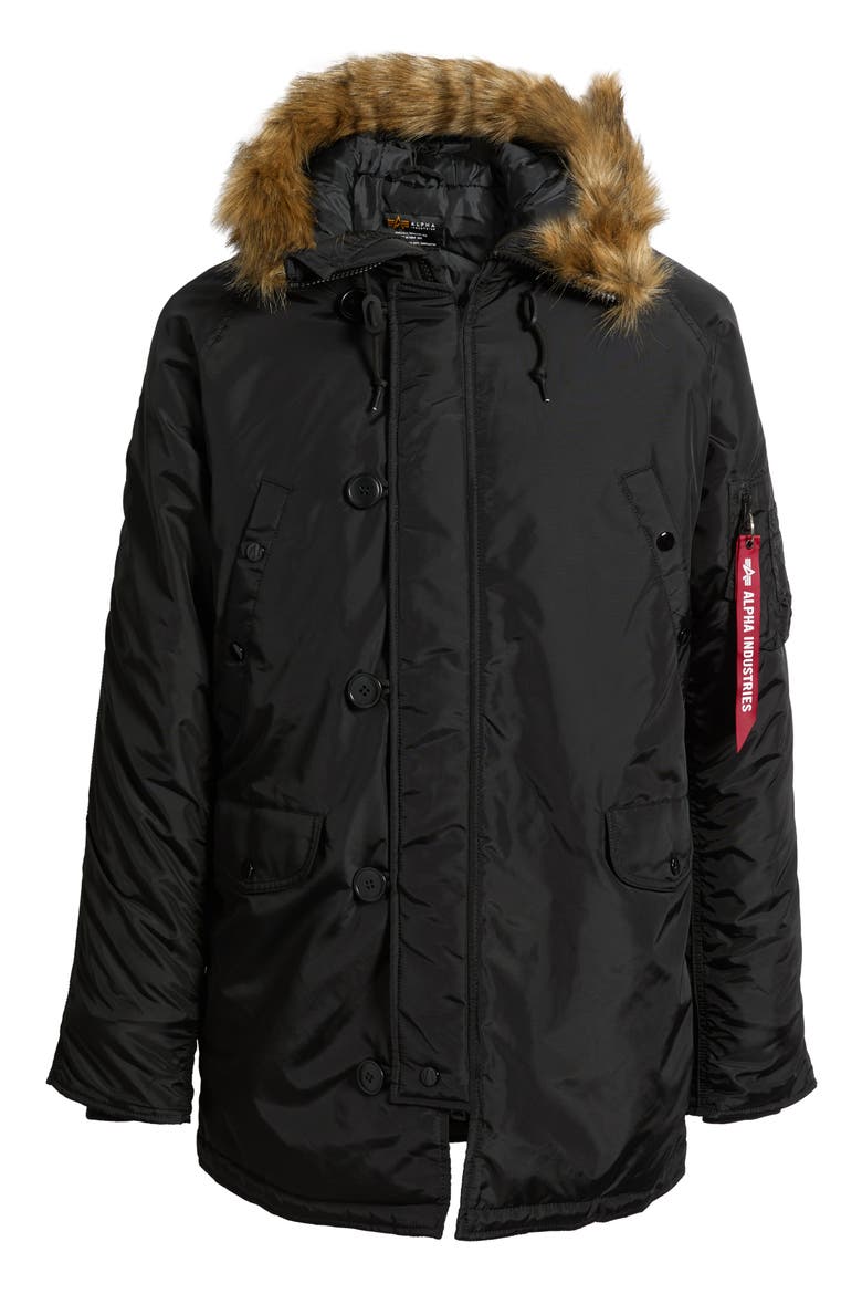 N-3B Relaxed Fit Faux Fur Trim Parka, Alternate, color, BLACK