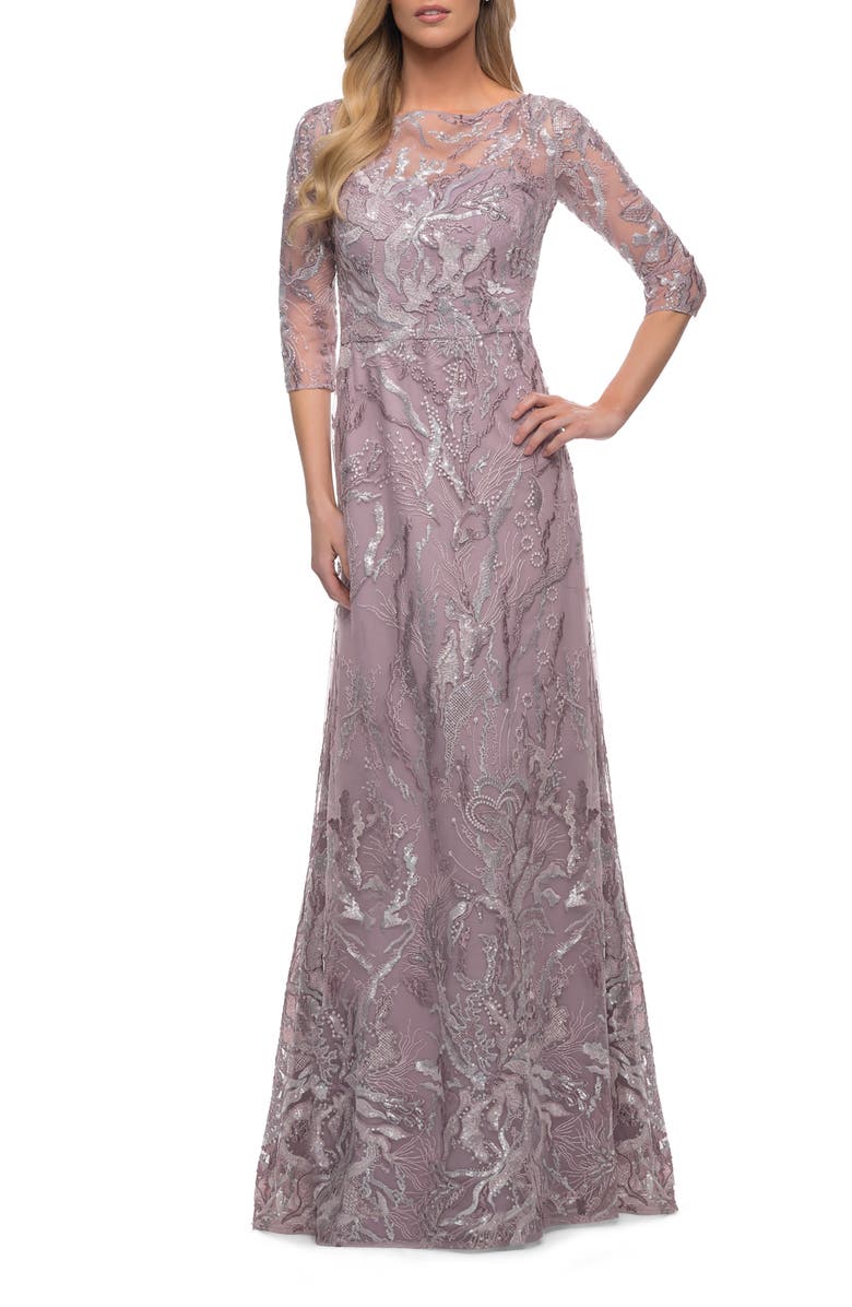 La Femme Sequin Lace A-Line Gown, Alternate, color,