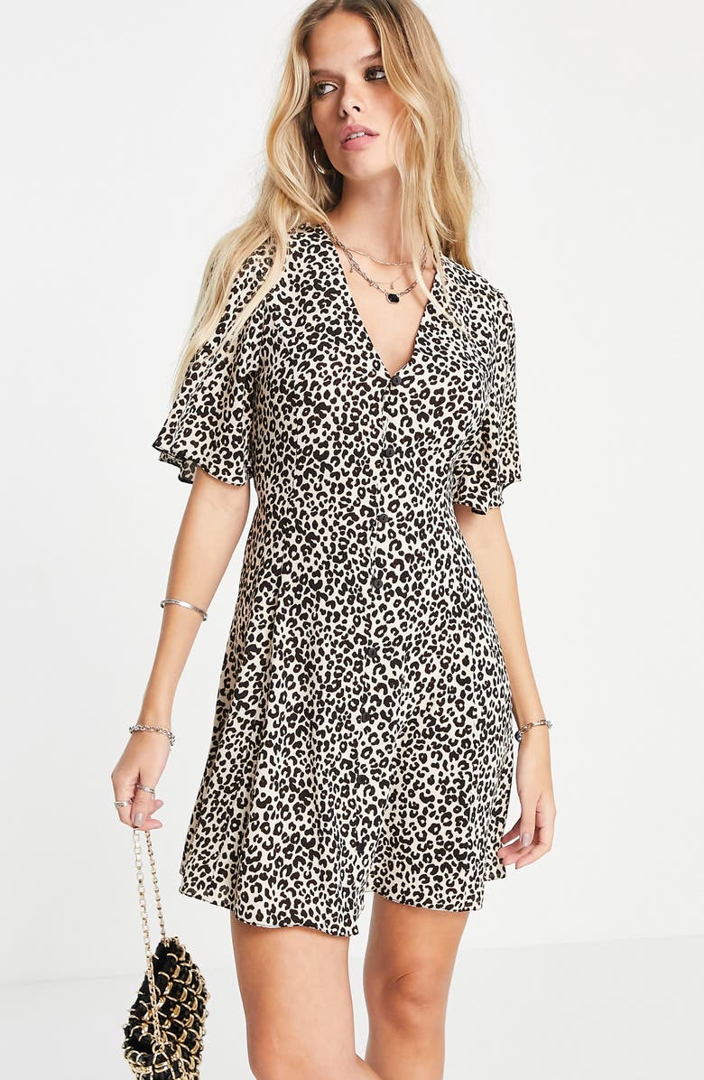ASOS DESIGN Cheetah Print Flutter Sleeve Dress, Alternate, color,