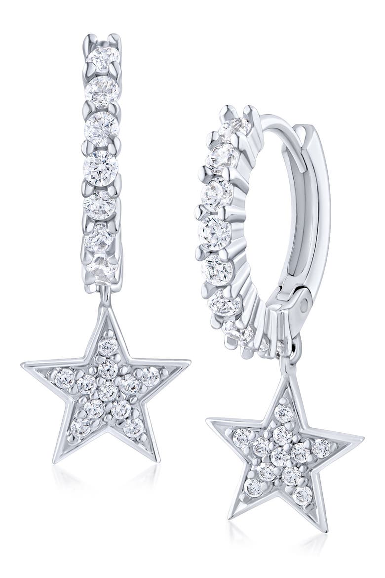 Pavé Cubic Zirconia Star Drop Huggie Hoop Earrings, Main, color, CLEAR SILVER