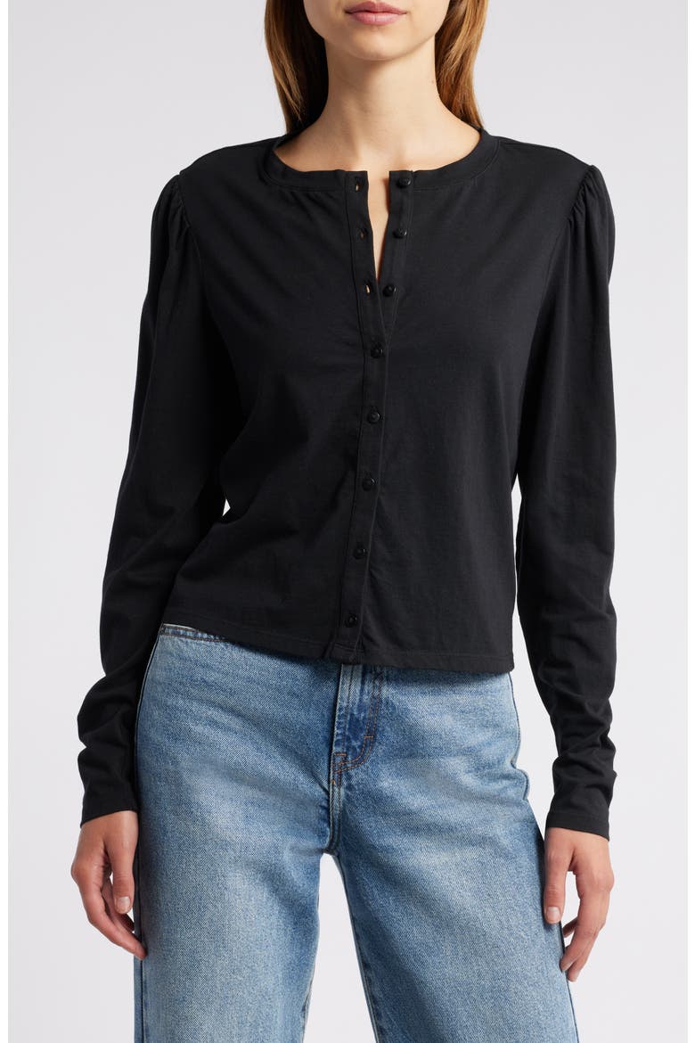 Caliban Cotton Jersey Button-Up Top, Main, color, BLACK