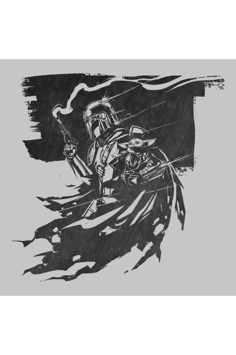 Junior's Star Wars The Mandalorian and Grogu Din Djarin and The Child Powerful Scene  Graphic T-Shirt, Alternate, color, Athletic Heather