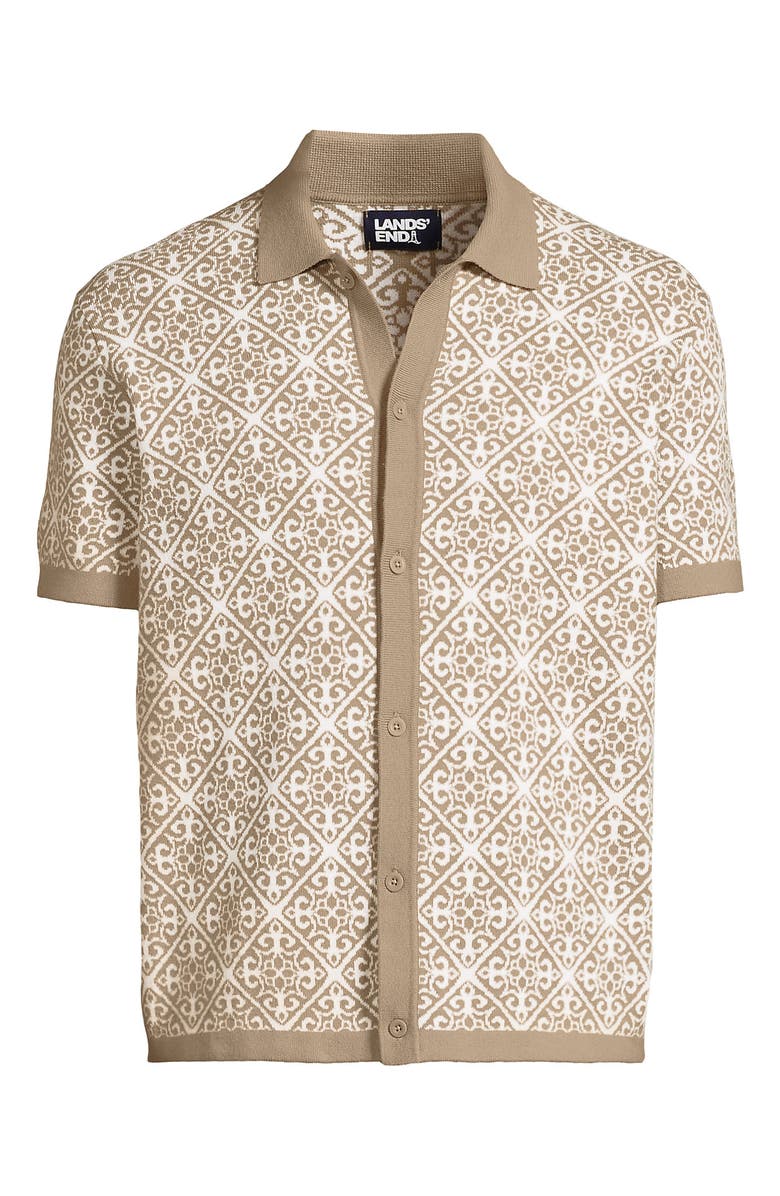 Lands' End Short Sleeve Tile Jacquard Button Down Sweater Polo, Alternate, color, Khaki /Vanilla Tile