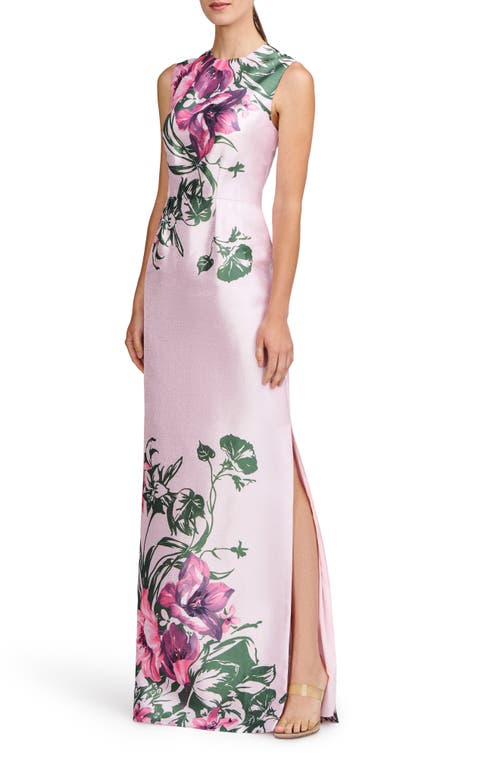 Kay Unger Ayla Placement Print Column Gown In Pink Pearl Multi