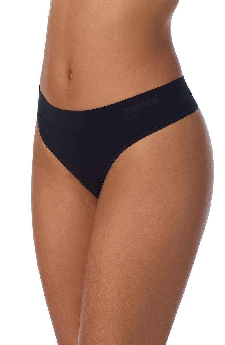 DKNY LiteWear Seamless 3-Pack Thongs, Main, color, Black