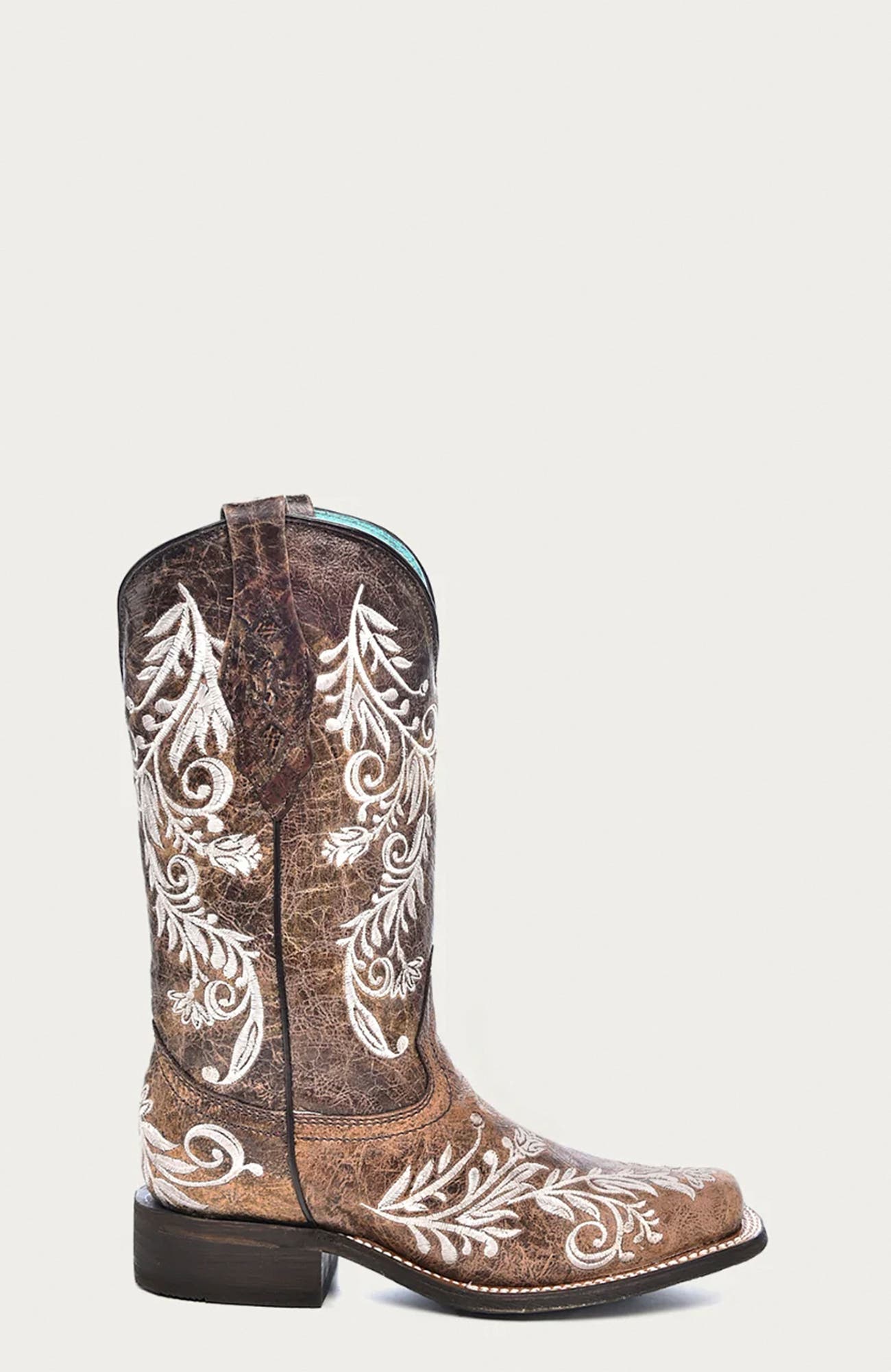 Cowhide Embroidered Square Toe Western Boots, Alternate, color, Brown/White