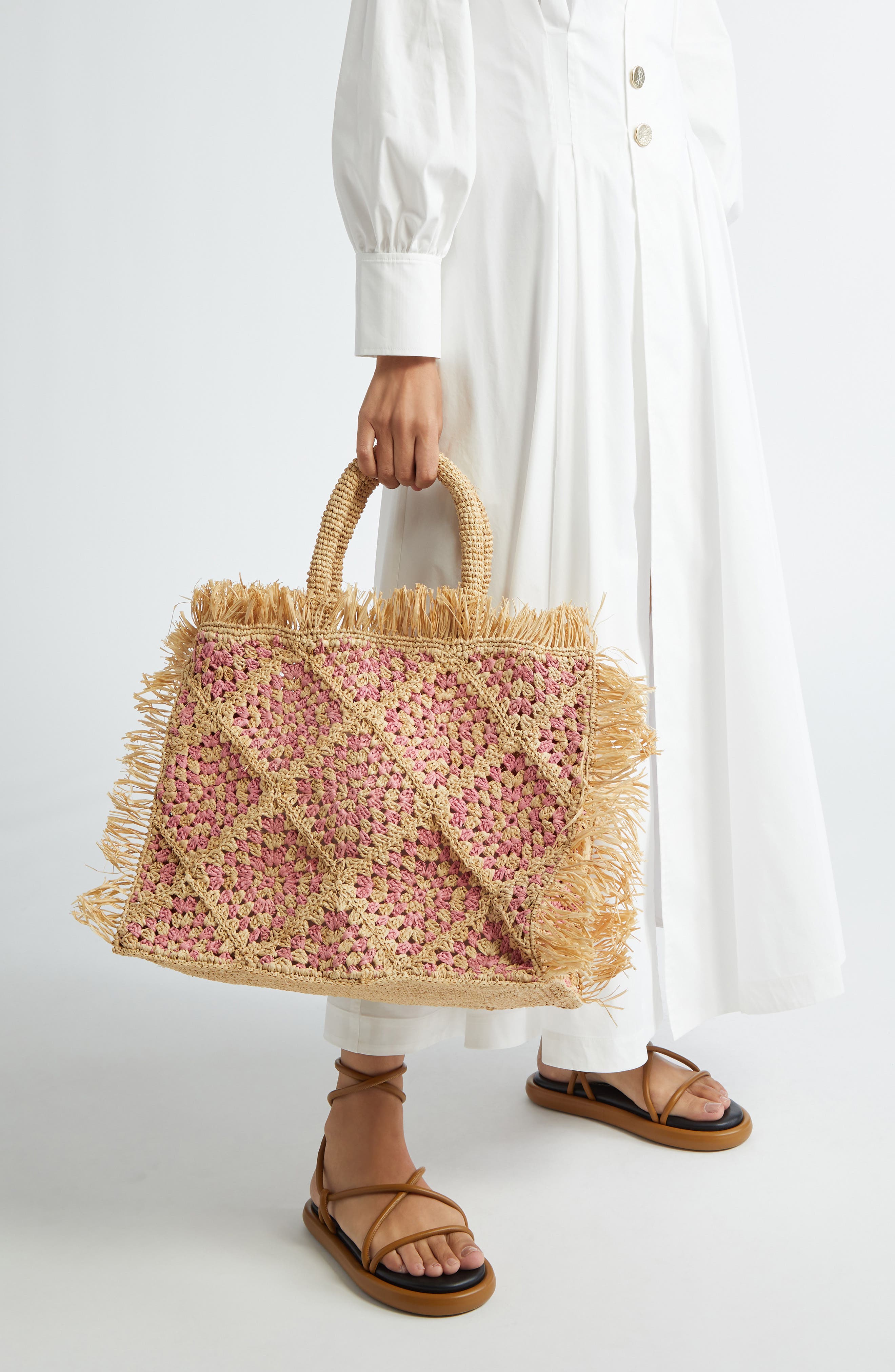 Najoom Crochet Raffia Tote, Alternate, color, PINK