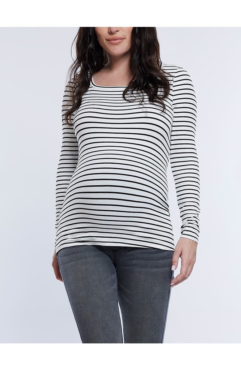 MOTHERHOOD MATERNITY Square Neck Rib Knit Long Sleeve Tee, Main, color, White/Black Stripe