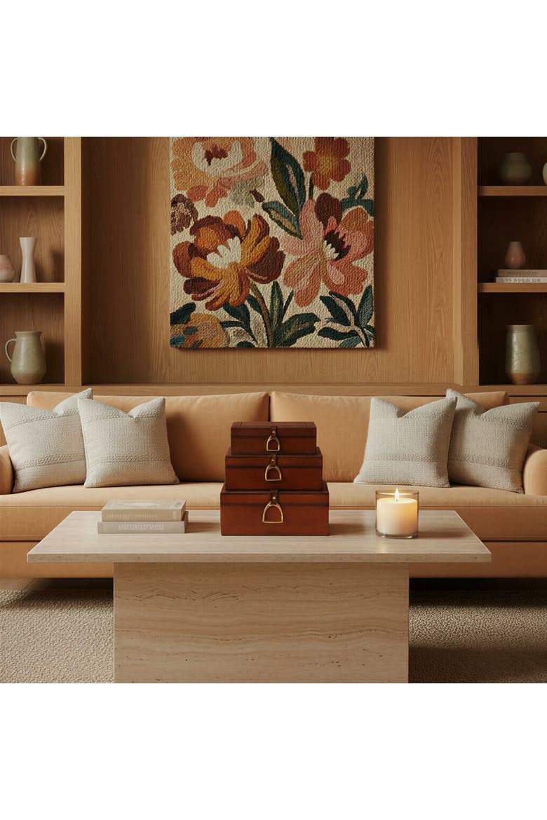 3-Piece Reclaimed Wood and Leather Nesting Boxes with Brass Closures and Flocked Interior, Gold Finish and Cognac Color, Alternate, color, Brown