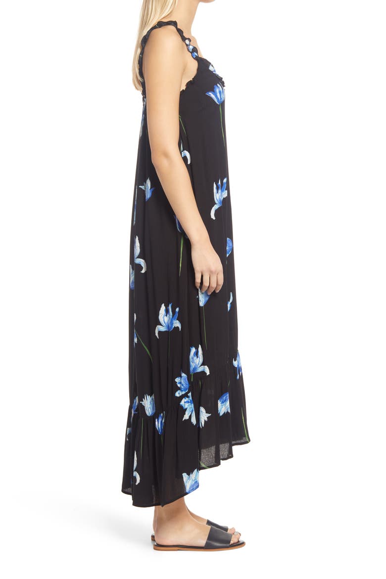 High-Low Ruffle Edge Maxi Dress, Alternate, color, BLACK BLUE FLORAL PRINT