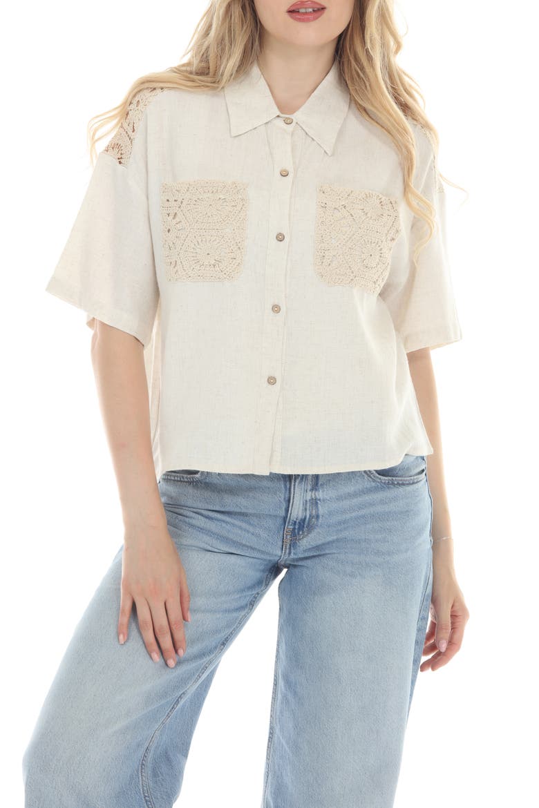 Crochet Pocket Short Sleeve Button-Up Shirt, Main, color, BEIGE