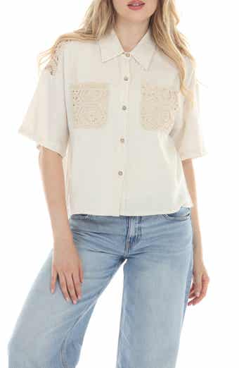 Crochet Pocket Short Sleeve Button-Up Shirt
