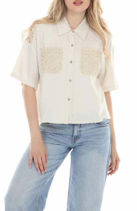 Crochet Pocket Short Sleeve Button-Up Shirt