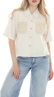 RAIN AND ROSE Crochet Pocket Short Sleeve Button-Up Shirt