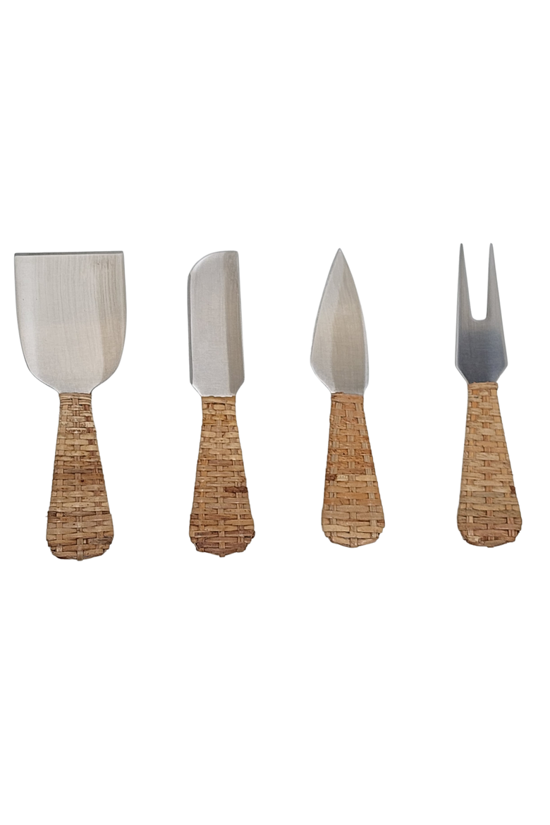 Artifacts Rattan Stainless-Steel Cheese Knives (Set of 4) - with Gift Box, Main, color, Honey Brown