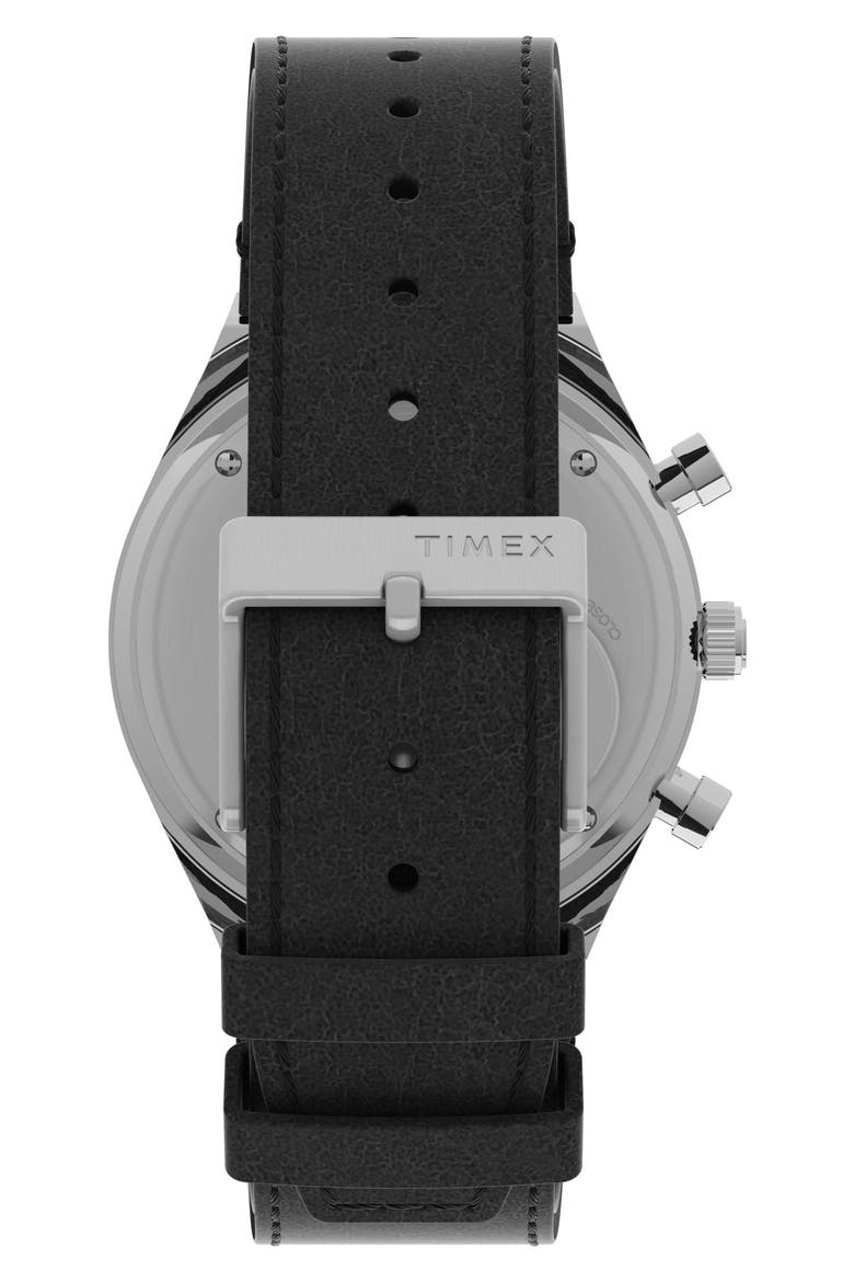 Q Timex Chronograph Leather Strap Watch, 40mm, Alternate, color, SILVER/ BLACK/ BLACK