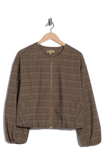 Democracy Plaid Zip Front Bomber Jacket In Brown